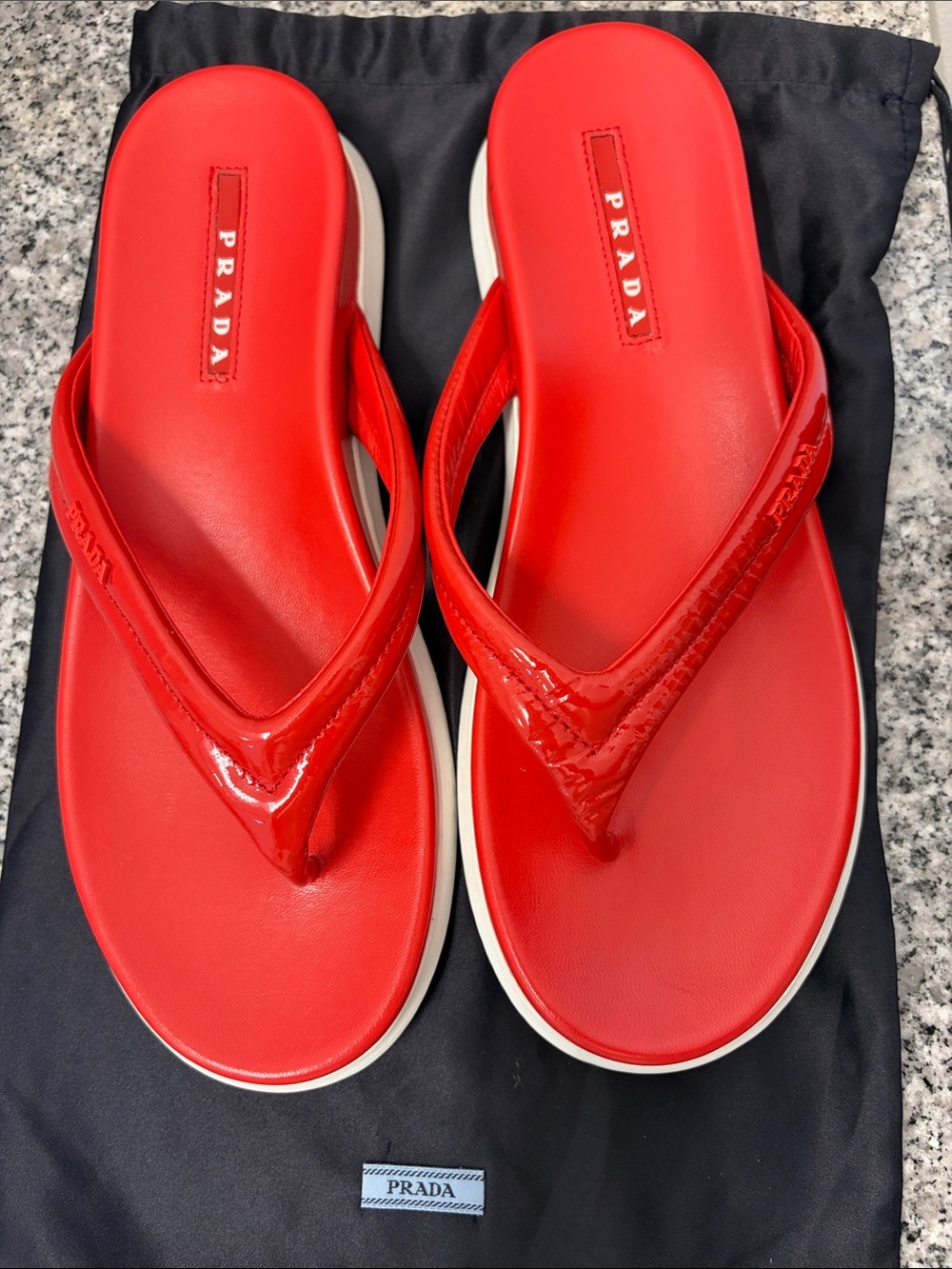 Prada Red Patent Leather Thong Sandals with White Trim size 37.5 brand new